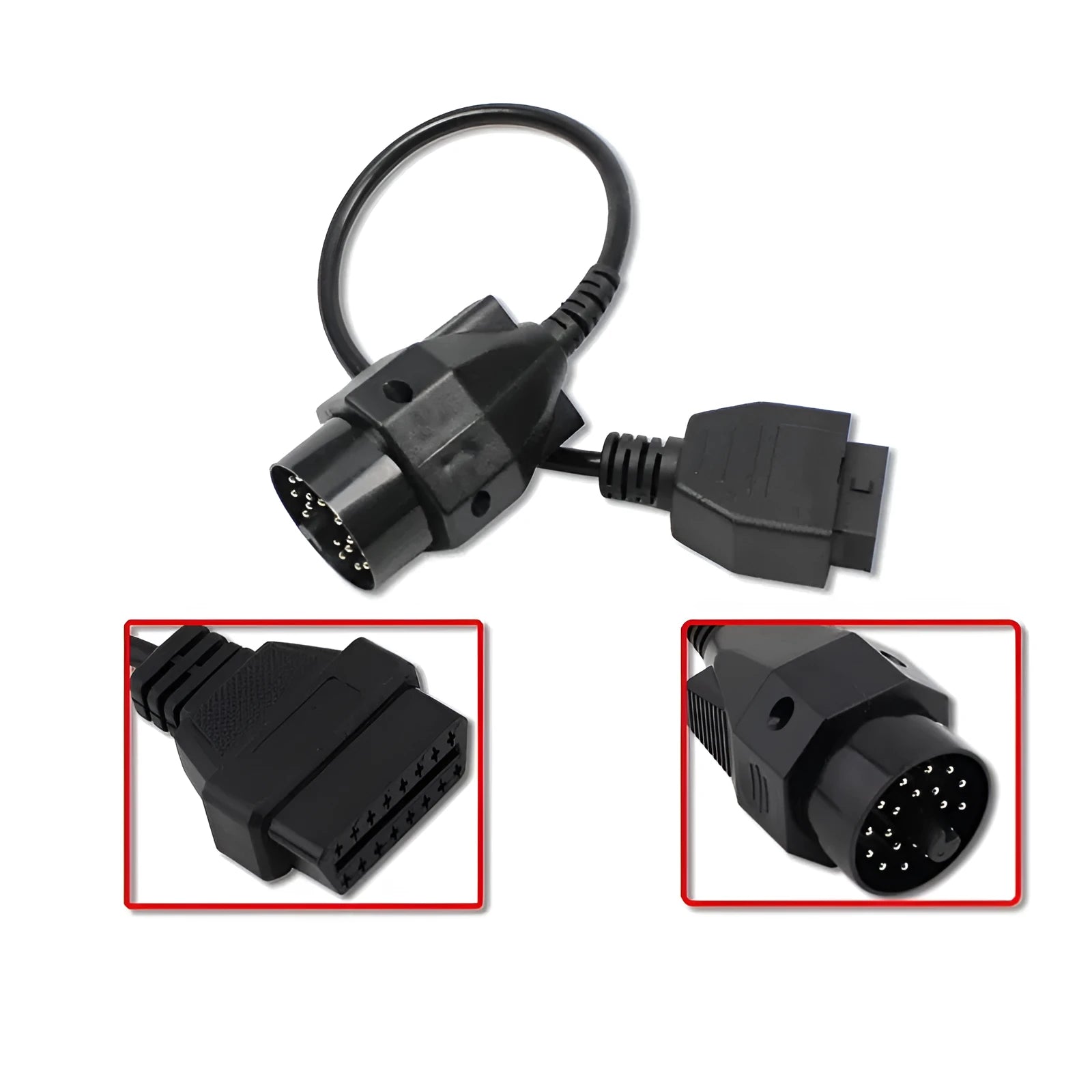BMW OBD2 diagnostic adapter cable converting 20-pin connector to standard 16-pin OBD2 plug