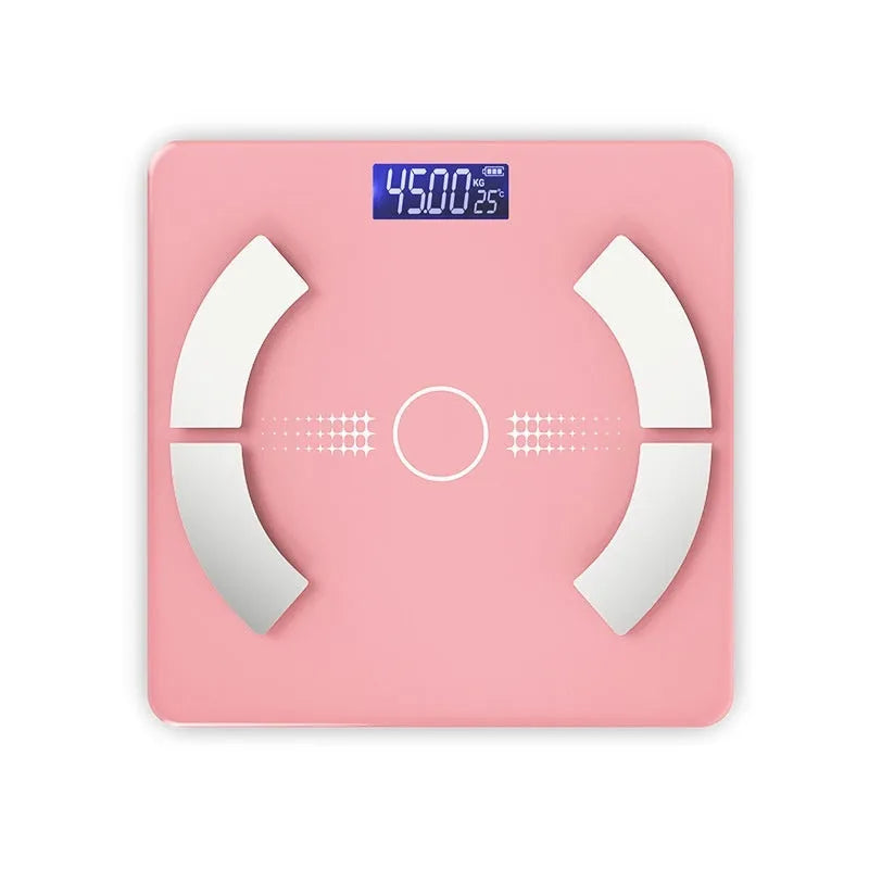 Smart Bluetooth body fat scale in white colour showing digital display with weight and body fat measurements