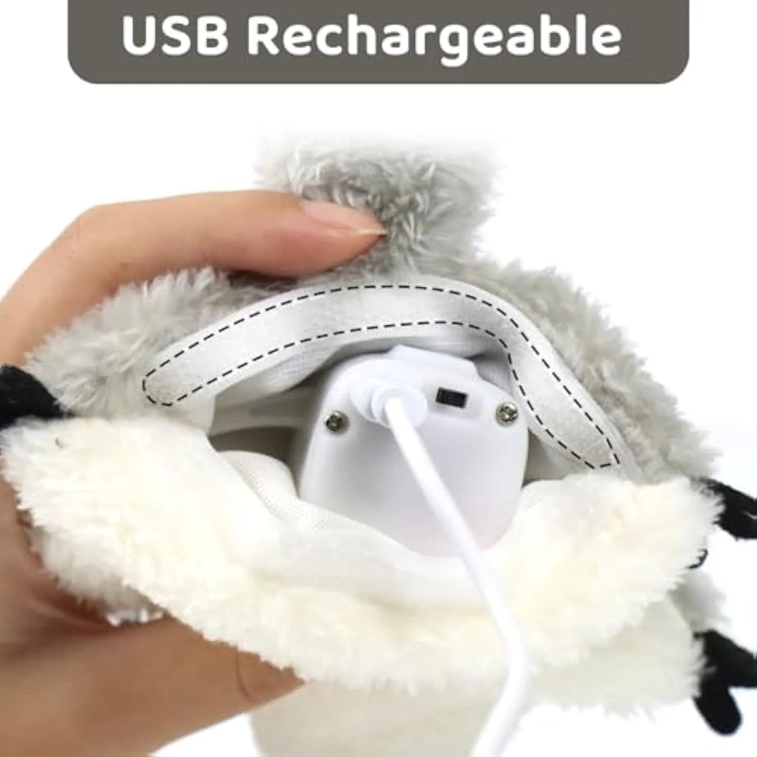 Gray flapping squirrel cat toy with motion sensor and USB charging cable