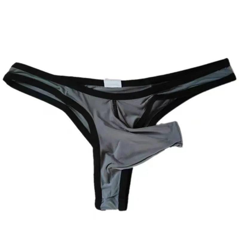 Men's Ice Silk nylon briefs in elephant nose small pouch design, shown in multiple colours.