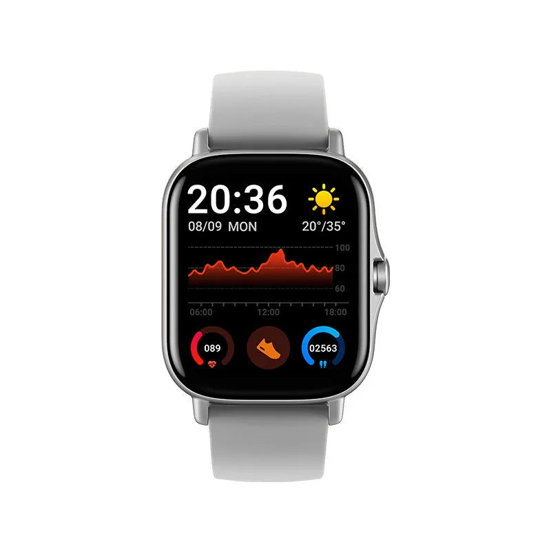 GT20 smart watch with alloy case and black silicone strap showing heart rate monitoring on screen
