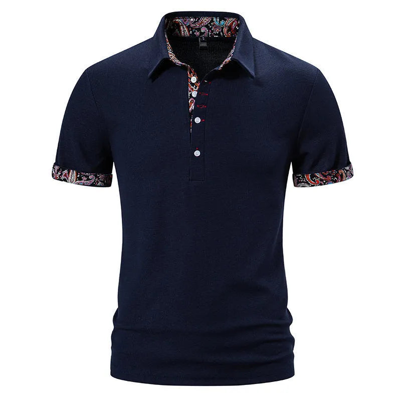 Men's cotton blend polo shirt with turnover collar, short sleeves, and colour stitching in navy blue.