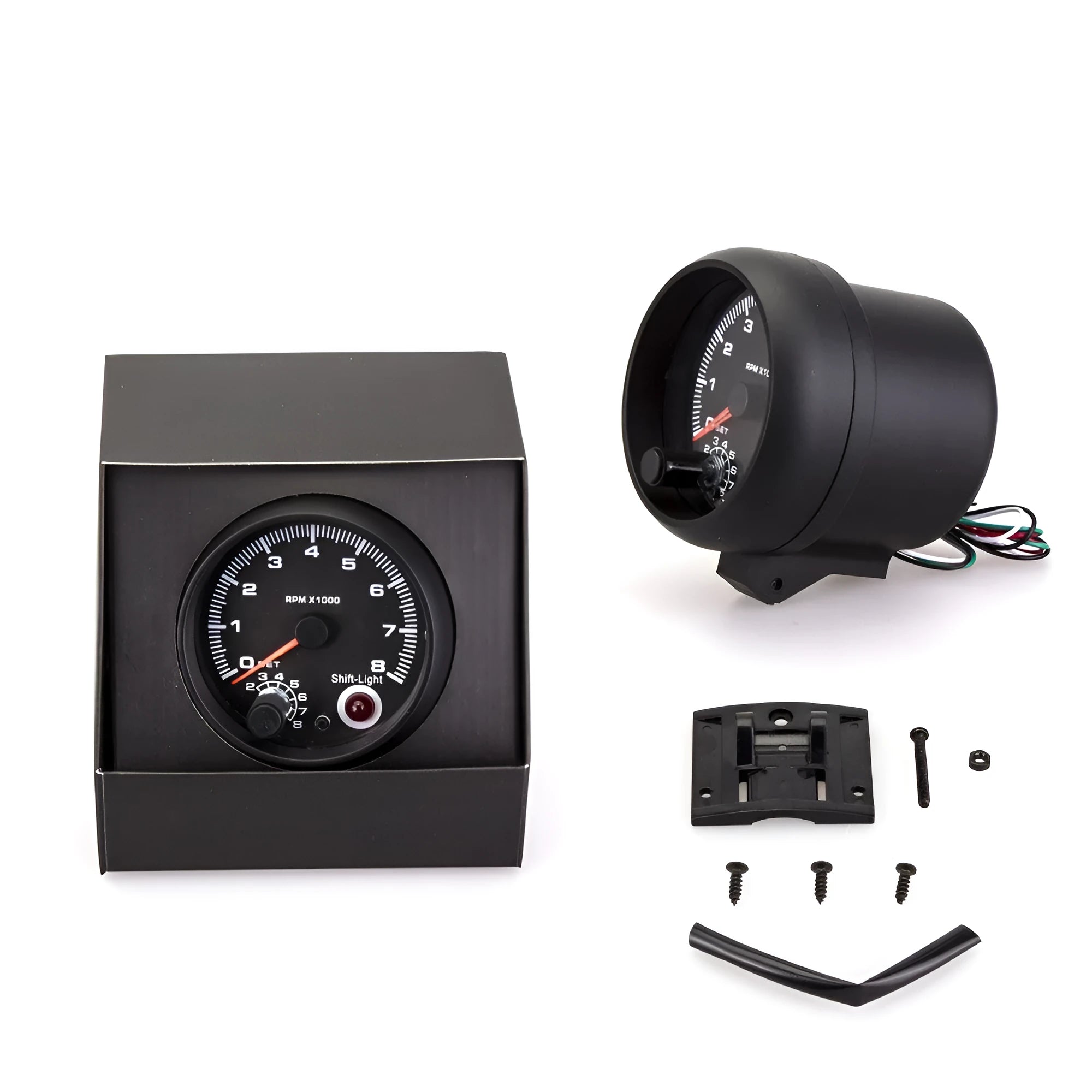 Black plastic universal automotive tachometer with blue light pointer and RPM scale.