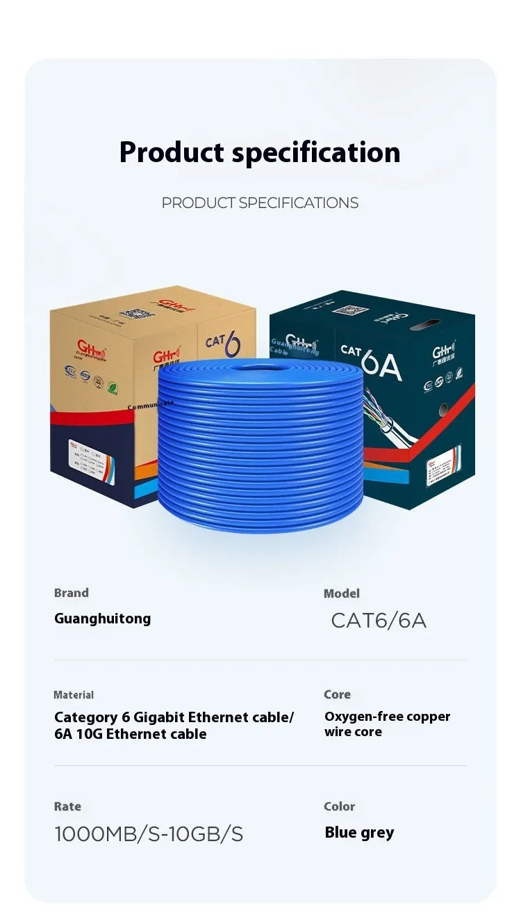 CAT6 oxygen-free copper network cable in blue or grey colour, 305 metres long for gigabit and 10GB Ethernet connections