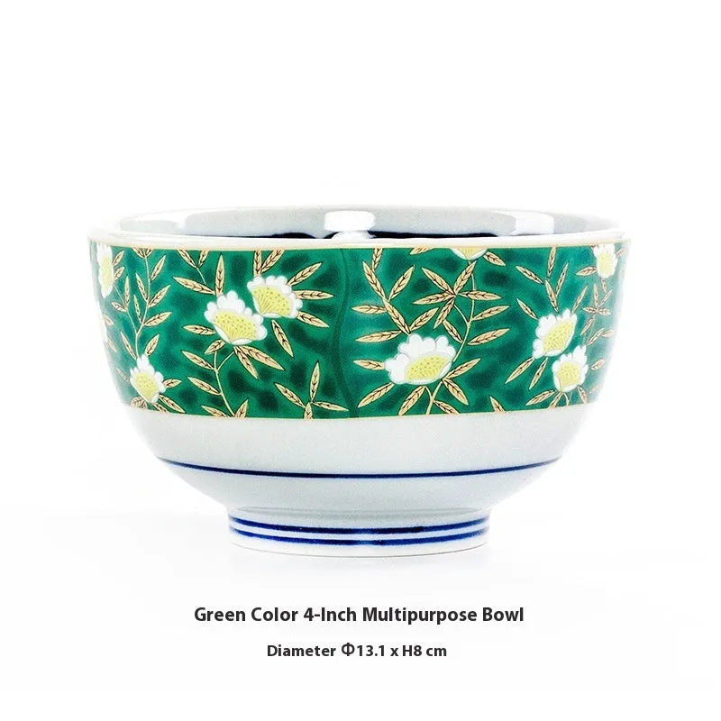 Retro Japanese style porcelain bowls with peony patterns in gold and yellow colours