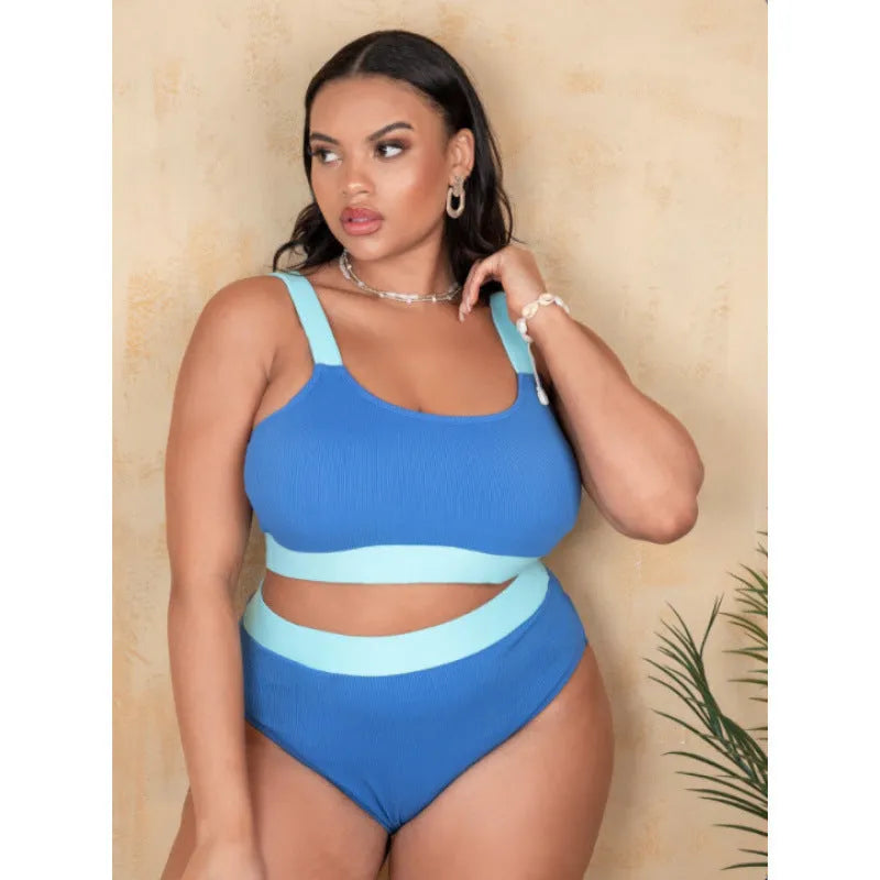 Women's high waist bikini swimsuit with split sides and stitching detail in a solid colour.