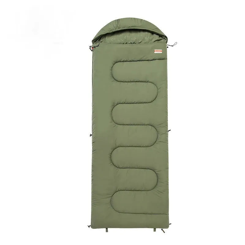 Outdoor camping cotton sleeping bag shown in ochre and olive green colour options