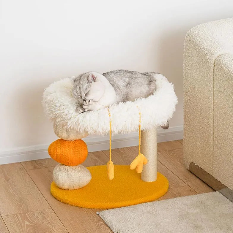 Yellow multifunctional cat climbing frame with jute rope scratching post, non-drop crumbs design, 40x49x43cm