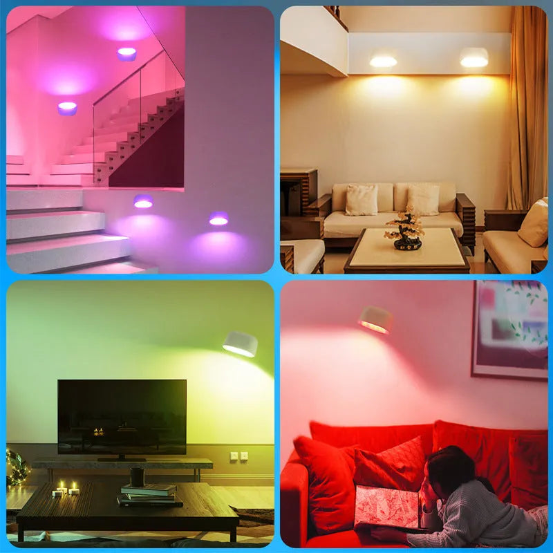White modern remote control magnetic wall lamp with touch panel, shown with remote, mounted on a wall.