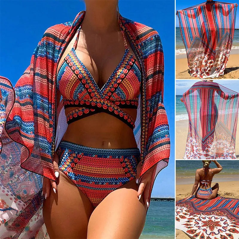 Women's three-piece split swimsuit set with high-waist briefs, cutout blouse, and coat in pictured colour.
