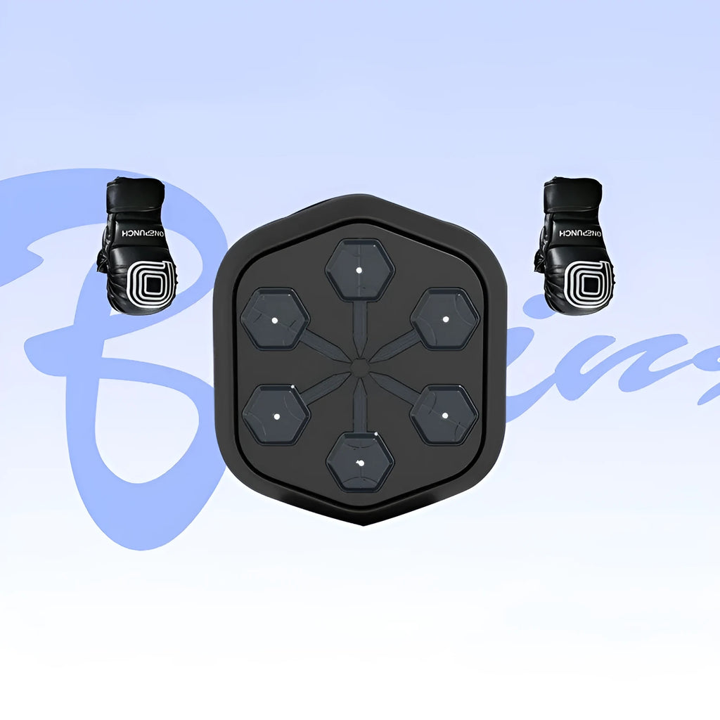 Black smart boxing machine with Bluetooth connectivity and included gloves on flat surface
