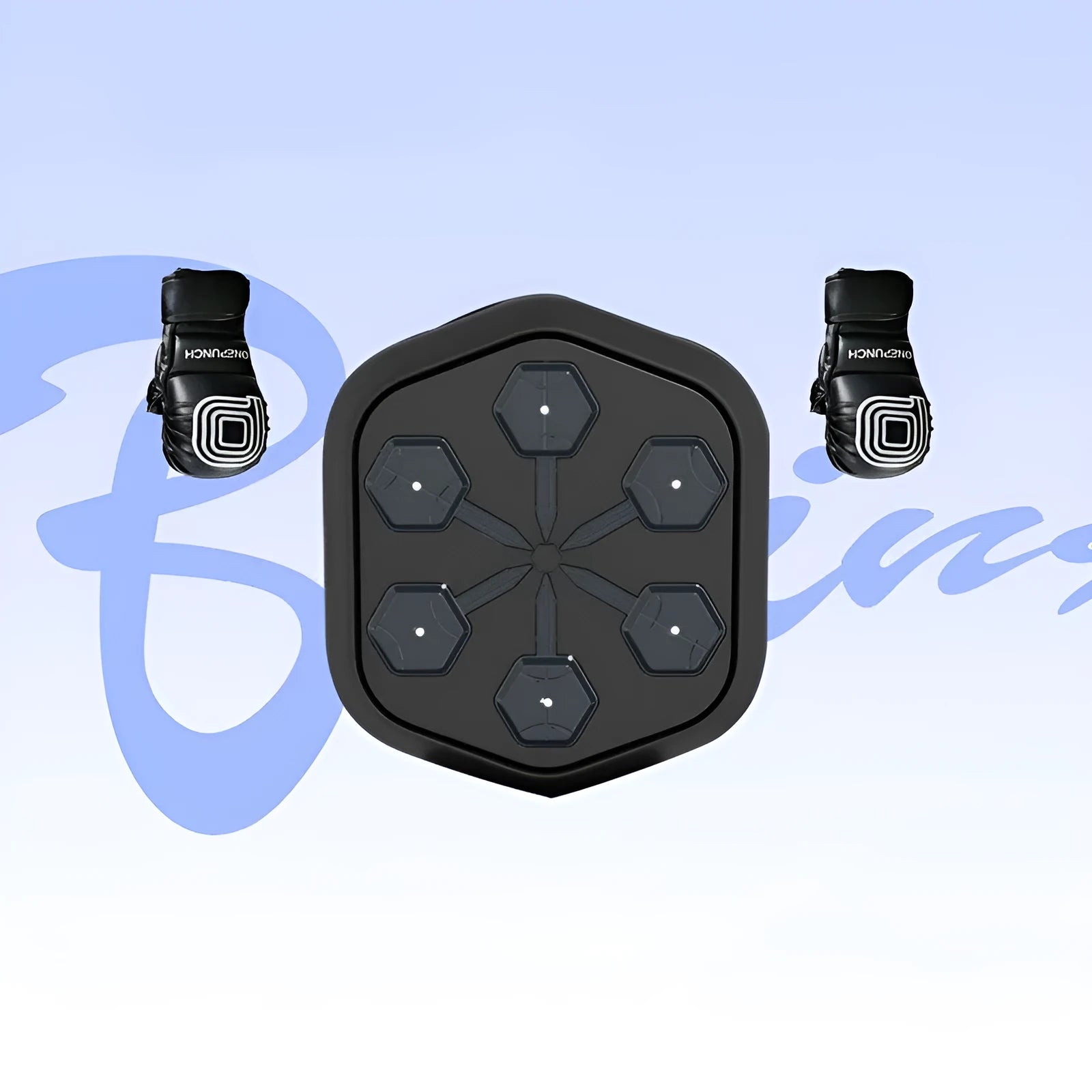 Black smart boxing machine with Bluetooth connectivity and included gloves on flat surface