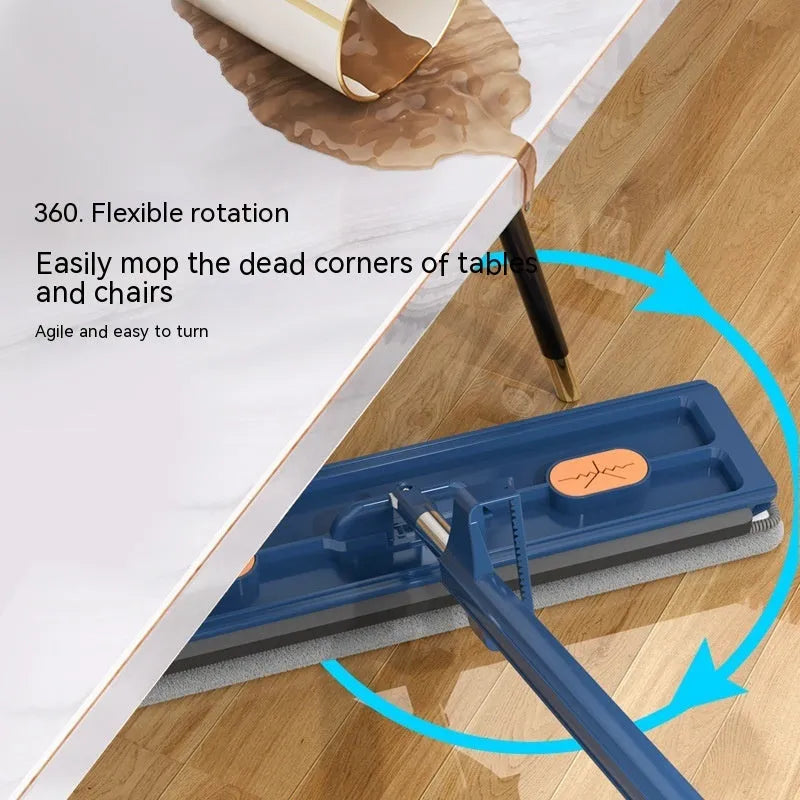 Large flat mop with stainless steel handle and blue rotating mop head on hard floor
