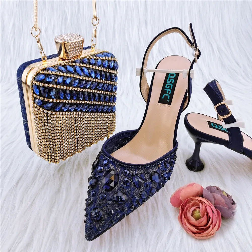 Ladies' party sandals high heels thin heel 6-8cm with matching diamond bag, rubber sole, PU inner, sizes 38-43