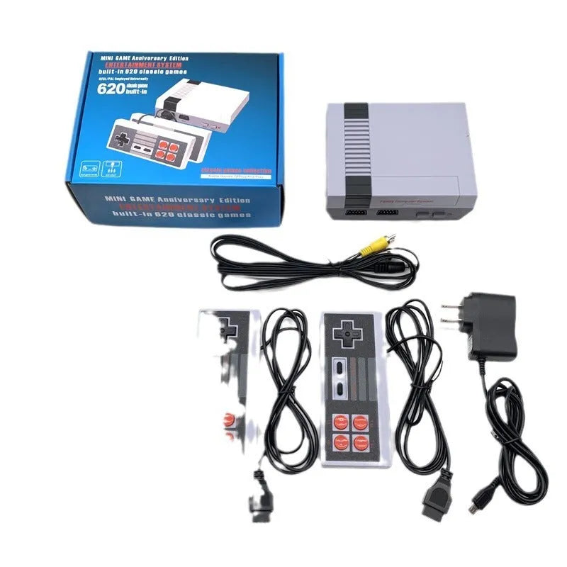 8-bit NES retro game console with two controllers showing FC NES 620 design