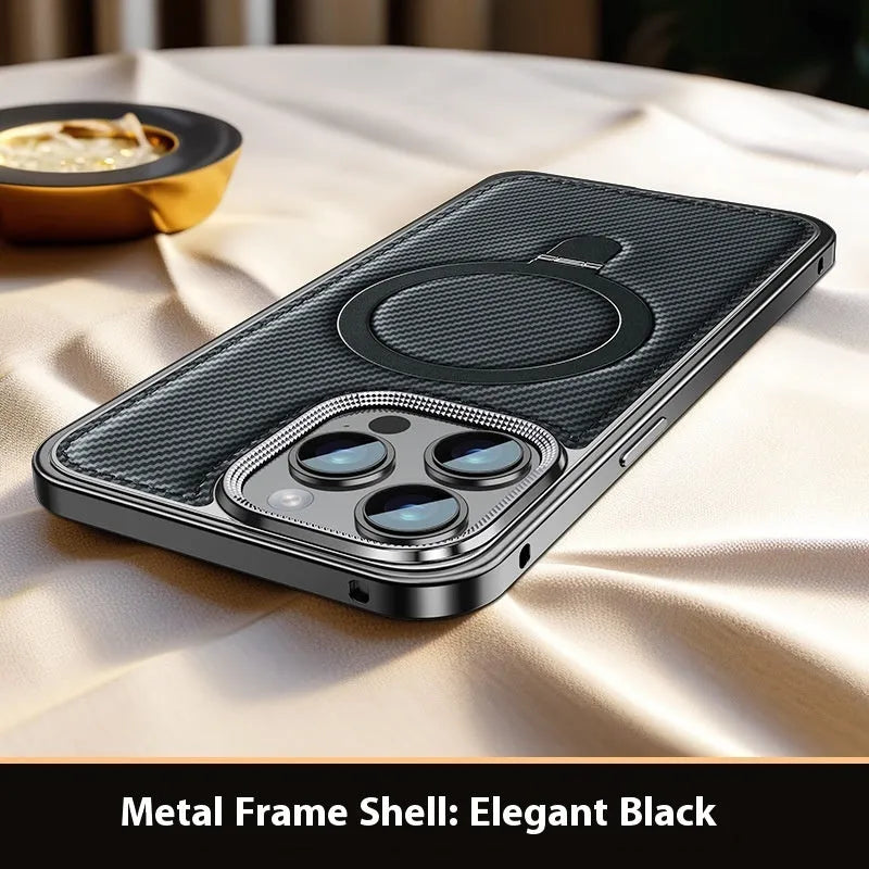 Metal frame carbon fiber pattern bracket phone case for Apple 14 in dark gray