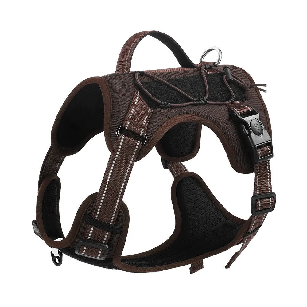 Orange adjustable dog harness with reflective trim and a black hand-holding rope lead attached