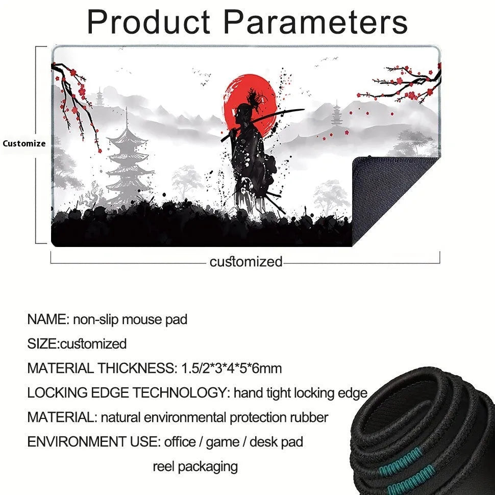 Japanese samurai design cloth gaming mouse pad on a desk, showing non-slip base and thermal transfer print detail.
