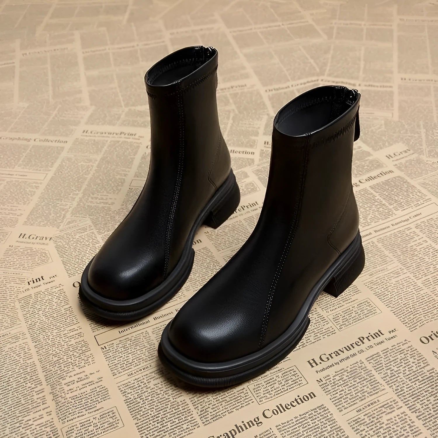 Black women's flat-heel ankle boots with a round toe and back zipper on a white background