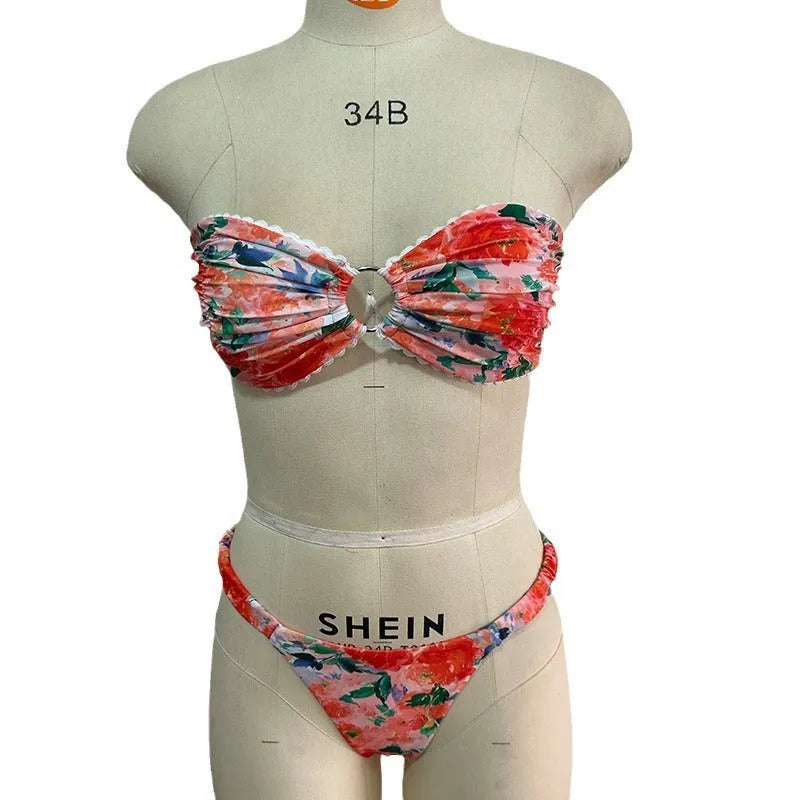 Women's floral print tube top bikini set with lace trim in blue colour