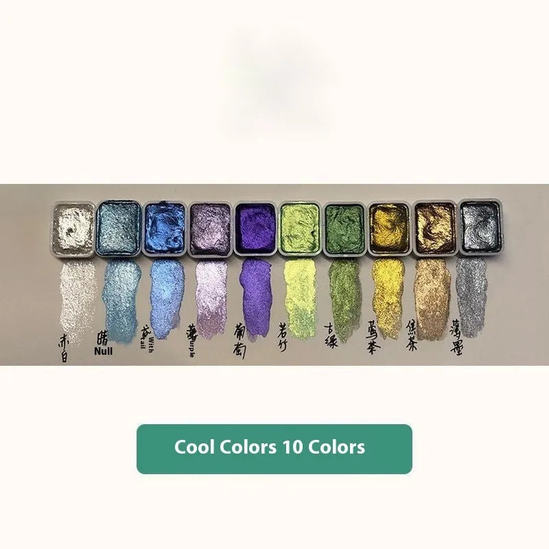 Traditional Chinese painting watercolour set with tubes of red gold, white gold, and pearlescent colours in warm and cold palettes.