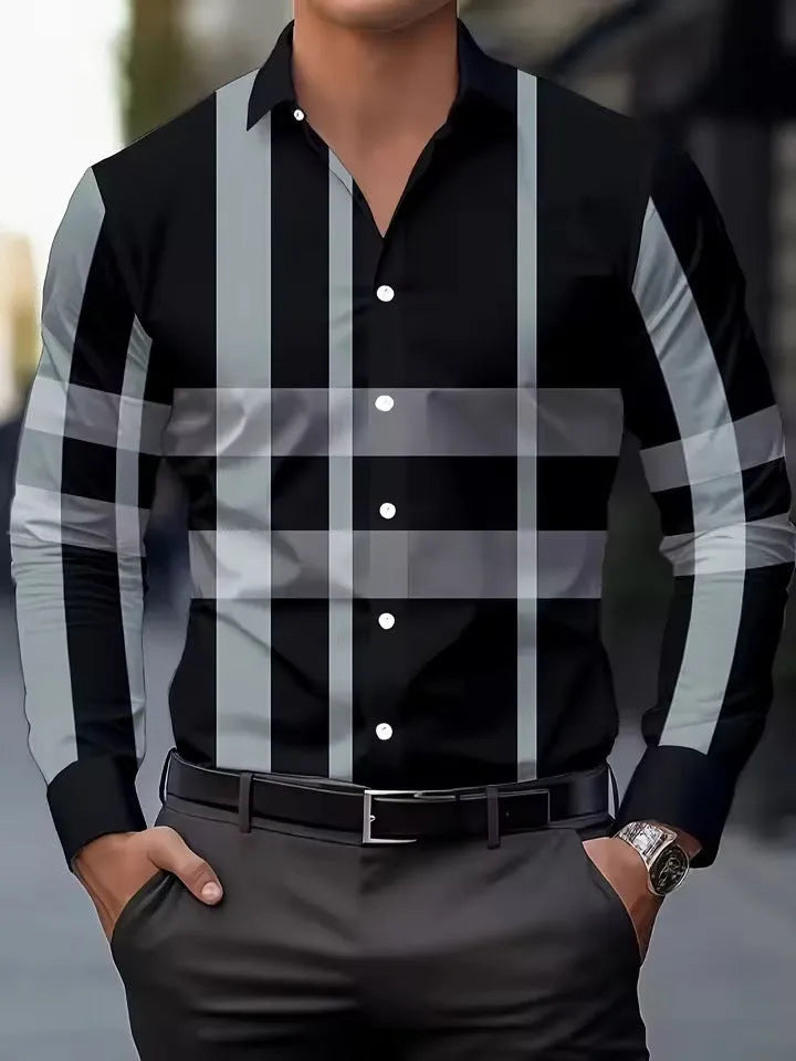 Men's striped long sleeve shirt with a button lapel collar in a choice of colours.