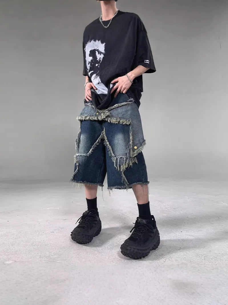 Blue men's denim shorts with frayed hem and five-pointed star decoration in loose retro style
