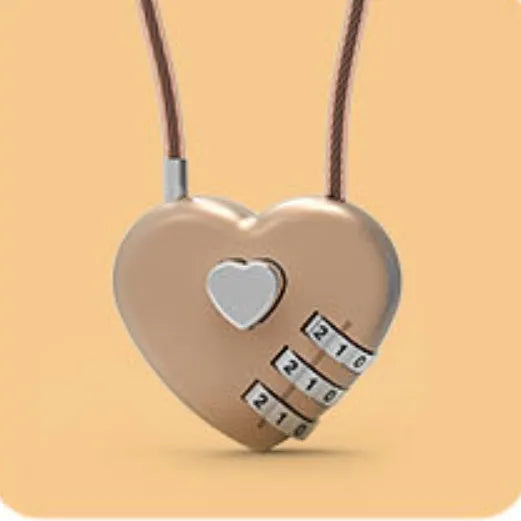 Peach heart shaped ABS plastic padlock with a long steel wire rope in one of six colour options.
