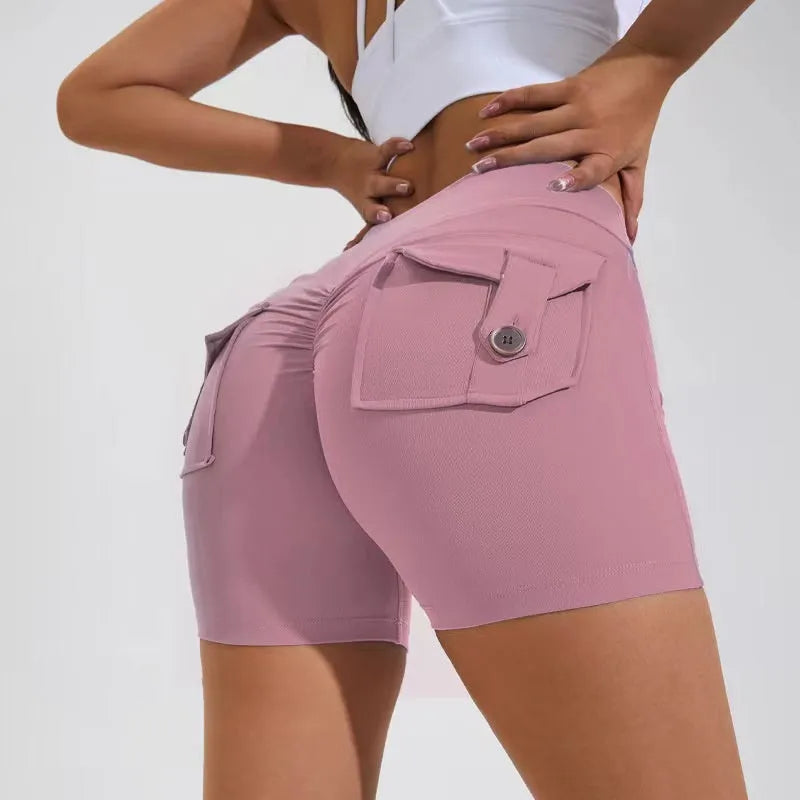 Women's high waist quick-dry nylon sports shorts with pockets in avocado green colour