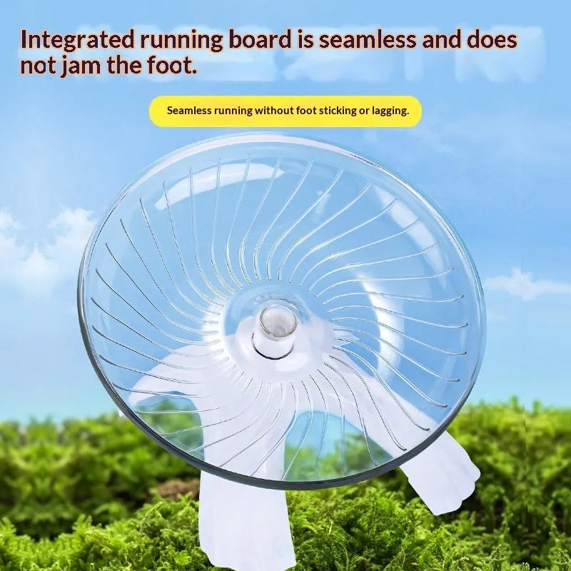 Plastic hamster running wheel in white with frisbee shape and no-stick foot surface for exercise