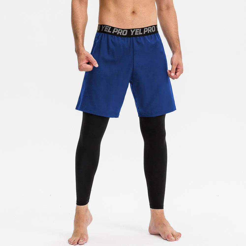 Men's grey quick-drying high elastic tight sports pants for fitness and running.