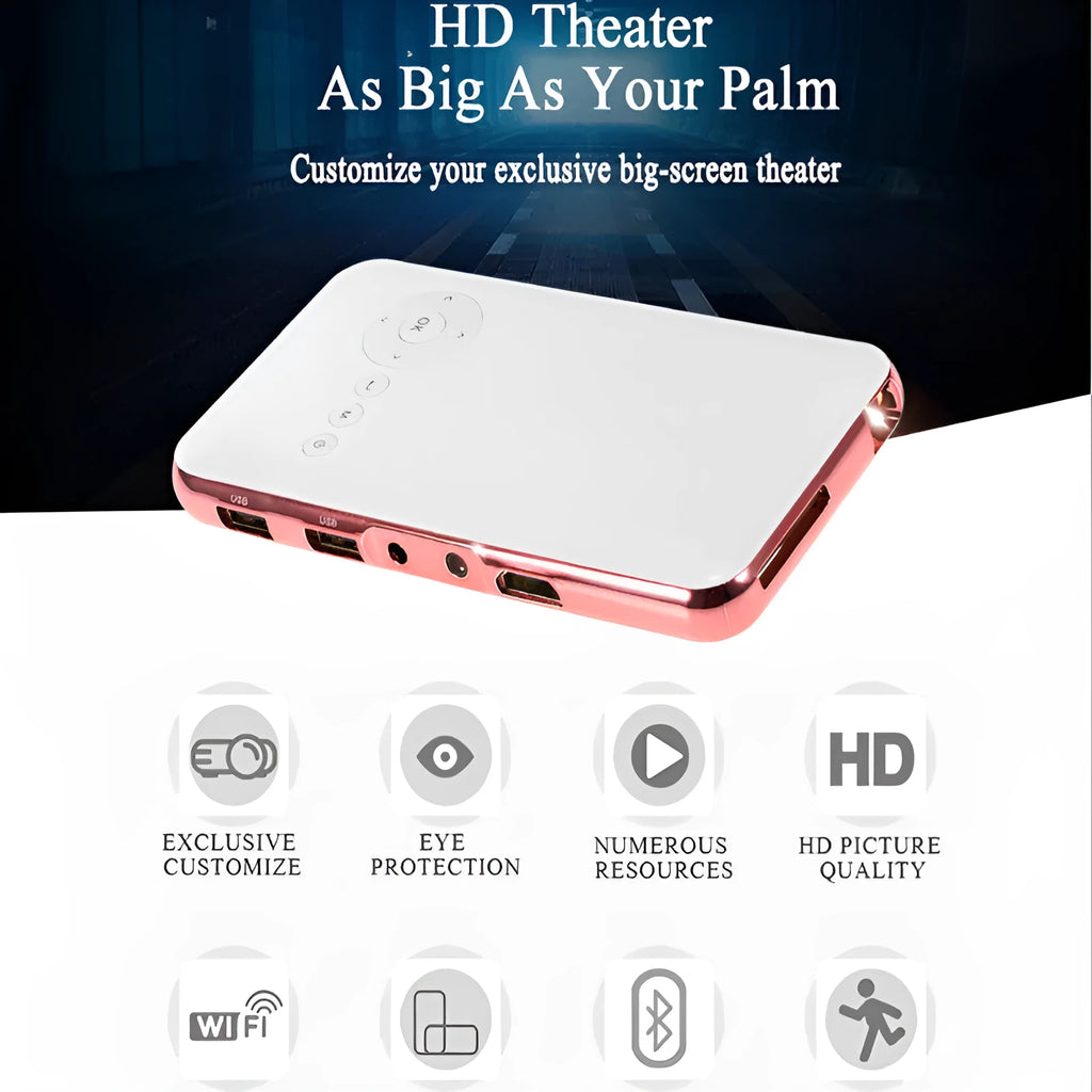 White and rose gold miniature Android DLP projector showing compact 145x80x17.5mm dimensions with projection lens