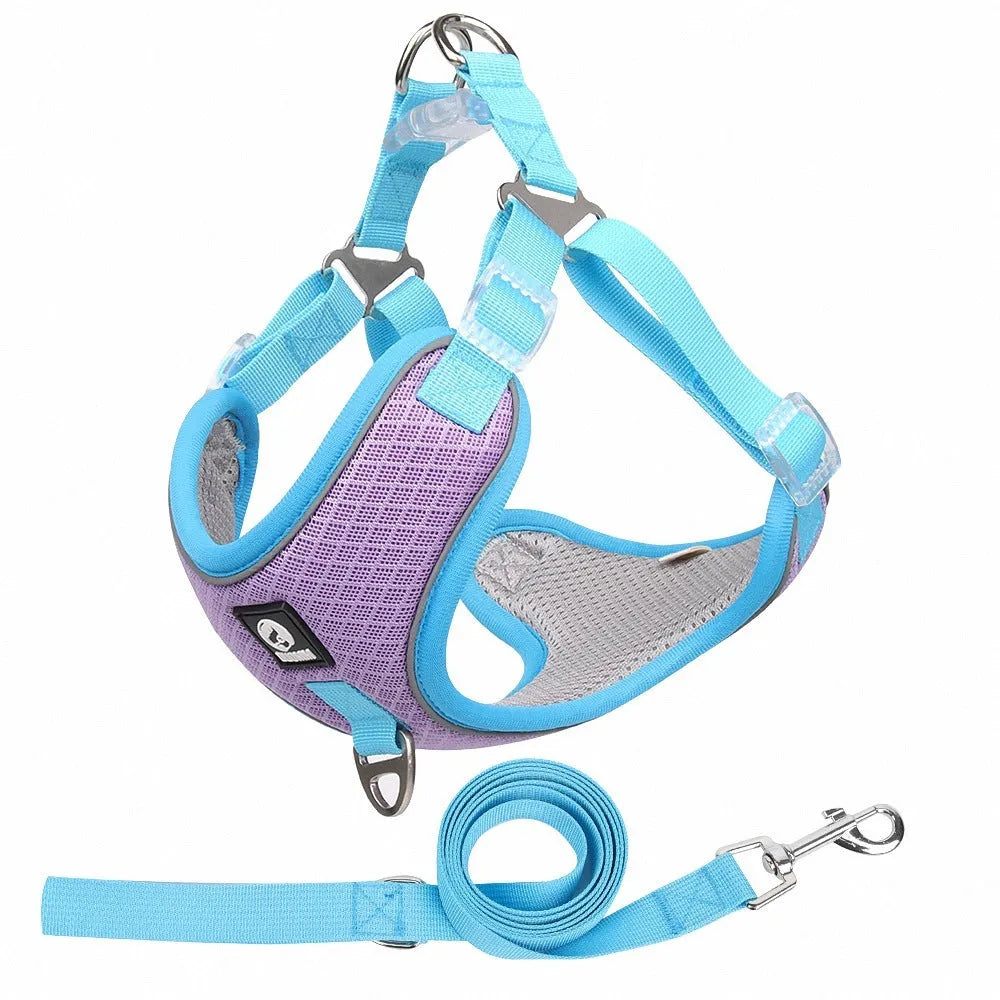 Adjustable mesh dog harness with reflective piping in black, red, gray, or light purple colours