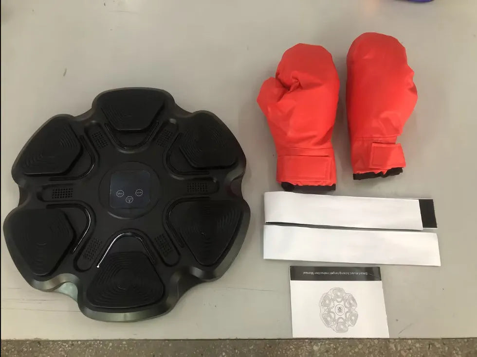 Smart music electronic boxing wall target with ABS construction and boxing gloves.