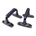 Pair of I-shaped push up bars with blue PP sponge handles on a floor.