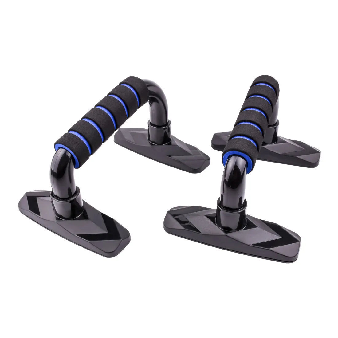 Pair of I-shaped push up bars with blue PP sponge handles on a floor.