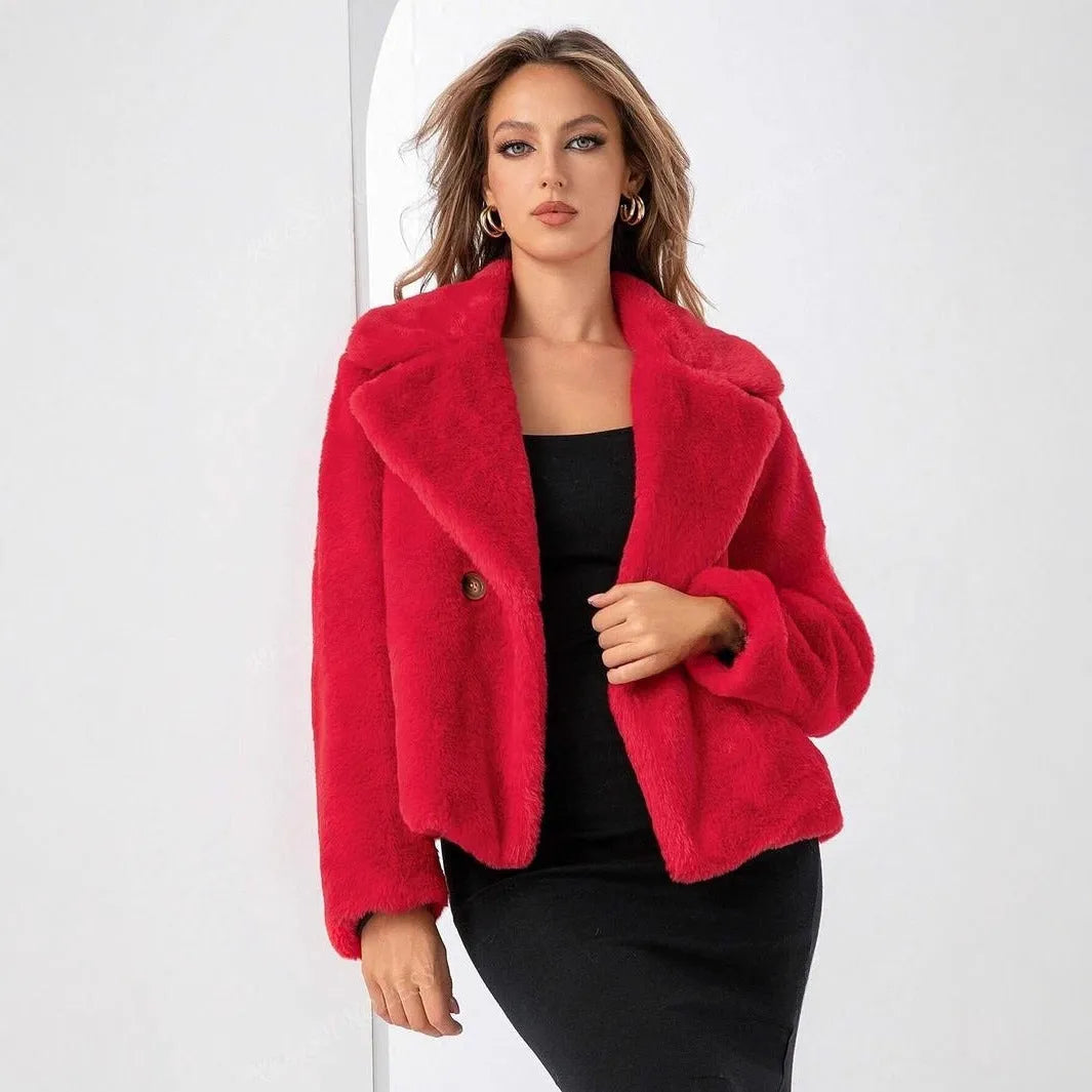 Women's short loose faux fur coat in rose red colour with regular sleeves