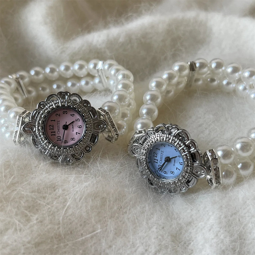 Women's quartz pearl bracelet watch with alloy case and glass mirror face